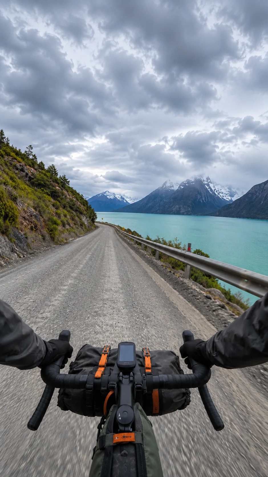 Manillar de bicicleta cargada en la ruta de la Carretera Austral